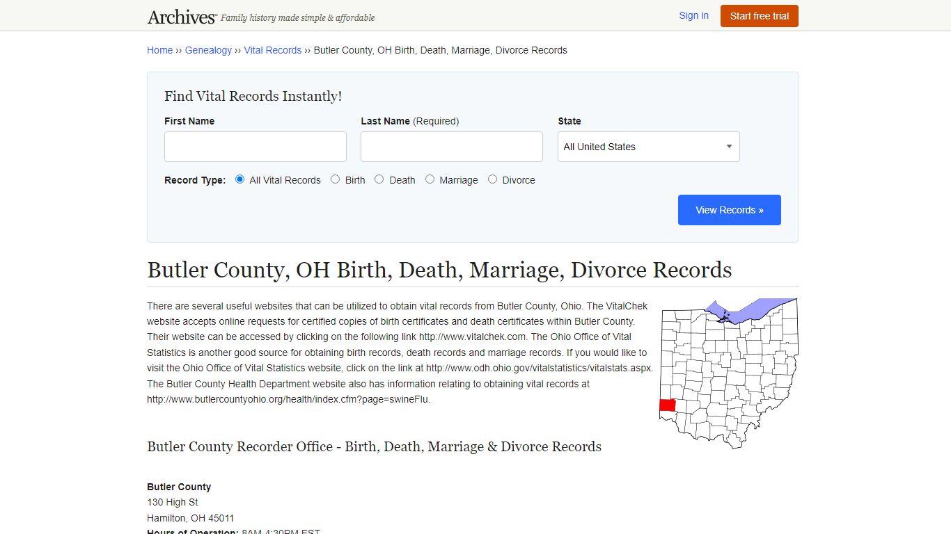 Butler County, OH Birth, Death, Marriage, Divorce Records